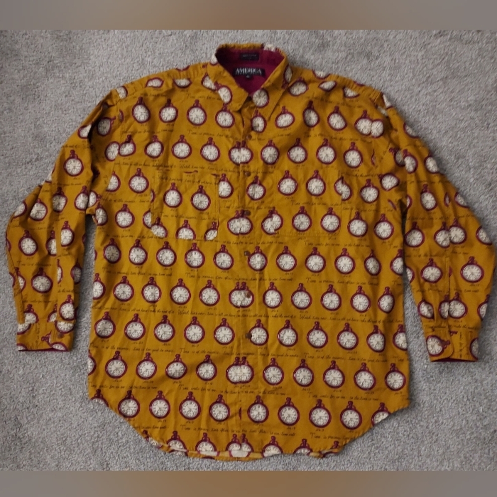 America Perry Ellis Clock Print Long Sleeve Shirt XLarge RARE